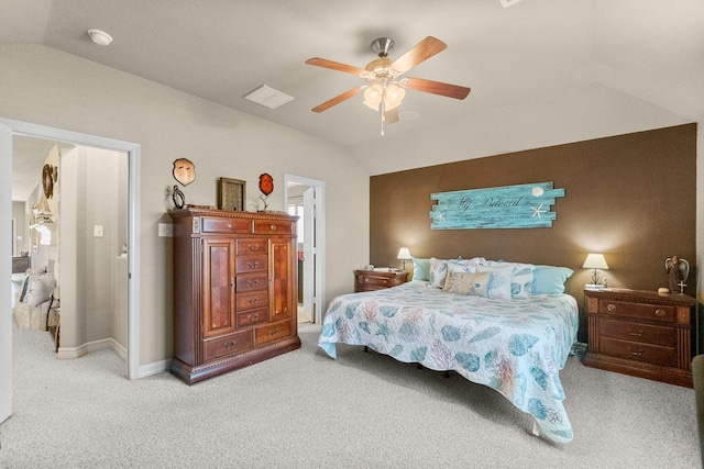 carpeted bedroom with lofted ceiling, baseboards, and ceiling fan