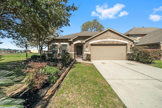 view of front of home with a garage, a front lawn, brick siding, and driveway