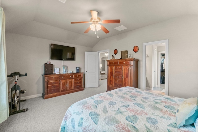 carpeted bedroom featuring visible vents, baseboards, lofted ceiling, and a ceiling fan