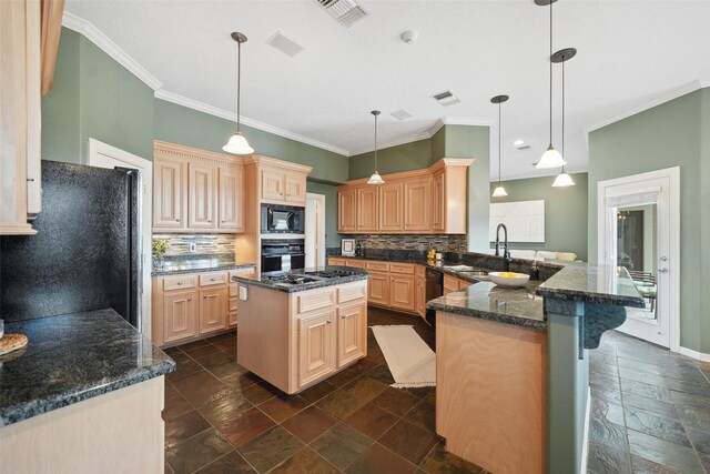 18719 Rusty Anchor Ct, Humble, TX 77346 - kitchen with black appliances, a peninsula, visible vents, and light brown cabinets