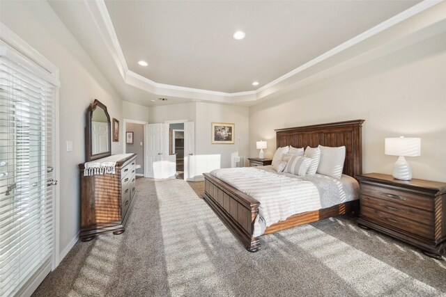 18719 Rusty Anchor Ct, Humble, TX 77346 - bedroom featuring ornamental molding, a tray ceiling, recessed lighting, carpet, and baseboards