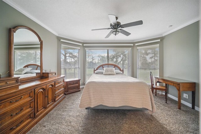 18719 Rusty Anchor Ct, Humble, TX 77346 - carpeted bedroom with ceiling fan, baseboards, a textured ceiling, and ornamental molding