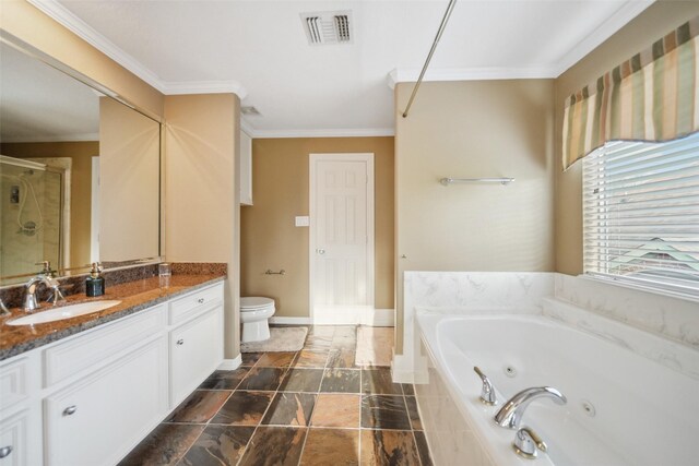 18719 Rusty Anchor Ct, Humble, TX 77346 - full bathroom featuring vanity, visible vents, a stall shower, a whirlpool tub, and ornamental molding