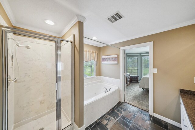 18719 Rusty Anchor Ct, Humble, TX 77346 - ensuite bathroom with visible vents, a stall shower, a garden tub, and ornamental molding