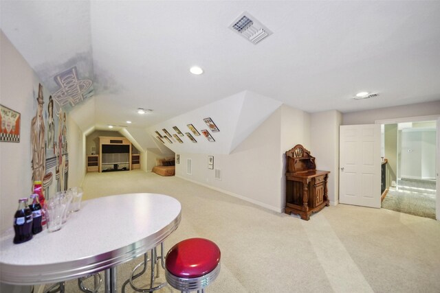 18719 Rusty Anchor Ct, Humble, TX 77346 - recreation room featuring vaulted ceiling, carpet flooring, recessed lighting, and visible vents