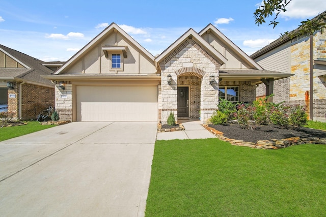 view of front facade with an attached garage, a front yard, stucco siding, stone siding, and driveway