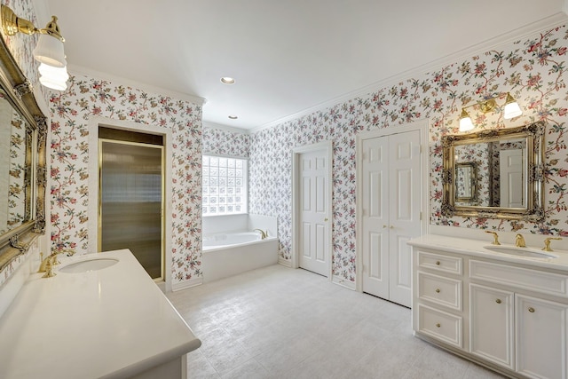 bathroom with a sink, a stall shower, a bath, and wallpapered walls