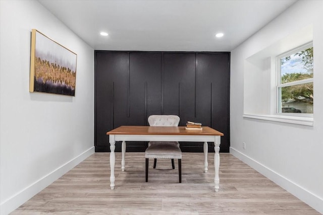 office with recessed lighting, baseboards, and light wood-style flooring