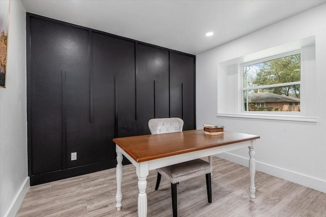 home office featuring recessed lighting, baseboards, and light wood-type flooring