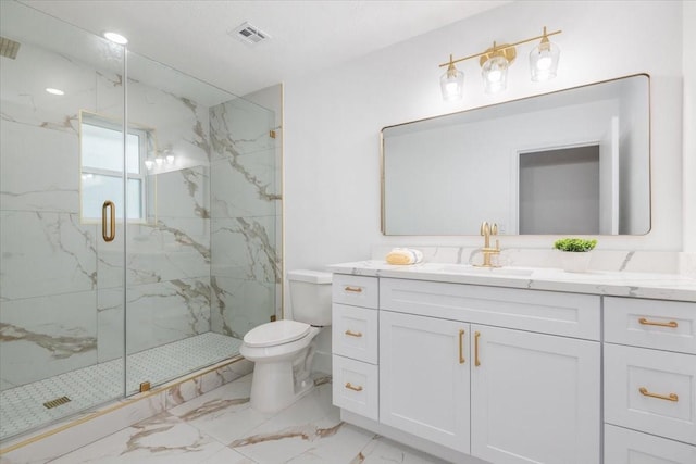 bathroom with vanity, visible vents, a marble finish shower, toilet, and marble finish floor