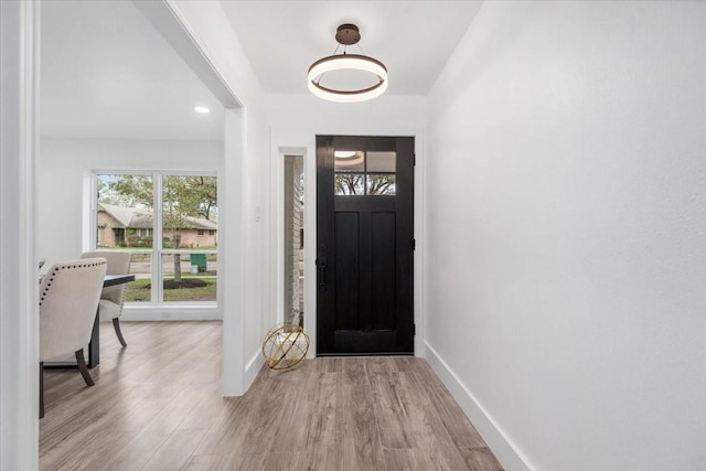 foyer entrance with a wealth of natural light, baseboards, and wood finished floors