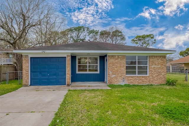 ranch-style house featuring fence, concrete driveway, a front lawn, a garage, and brick siding