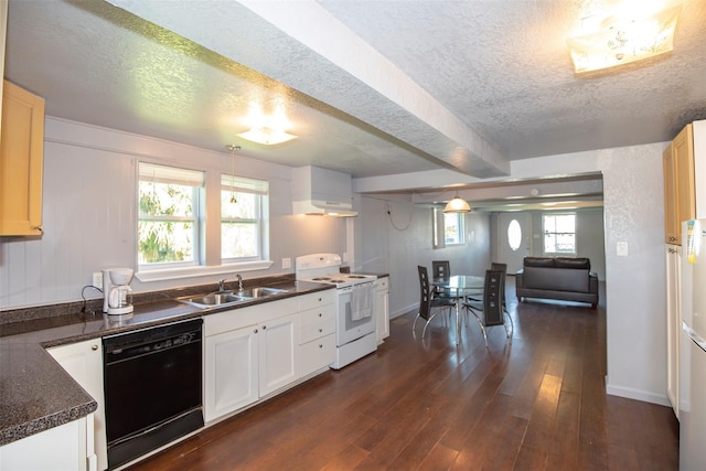 kitchen featuring dark countertops, dark wood-type flooring, dishwasher, electric stove, and a sink
