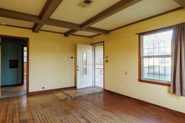 1922 Tabor St, Houston, TX 77009 - entryway featuring hardwood / wood-style floors, plenty of natural light, beamed ceiling, baseboards, and coffered ceiling