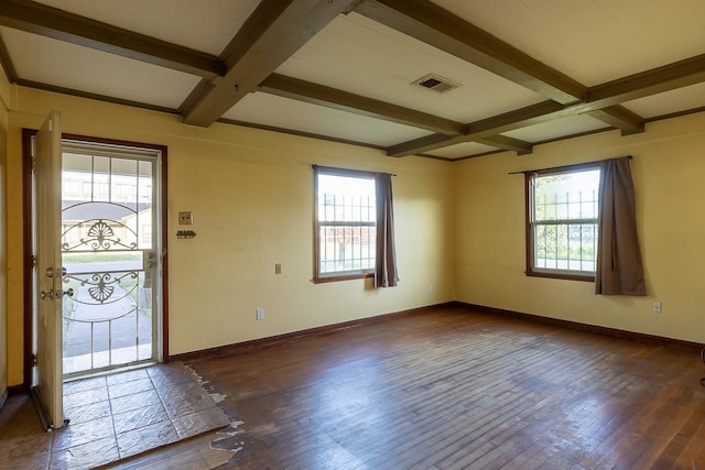1922 Tabor St, Houston, TX 77009 - foyer entrance with beamed ceiling, plenty of natural light, coffered ceiling, dark wood-type flooring, and baseboards