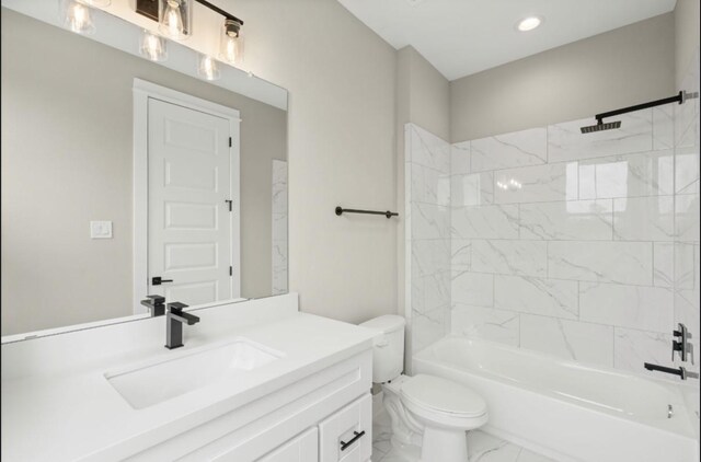 full bath with toilet, recessed lighting, shower / bathing tub combination, marble finish floor, and vanity
