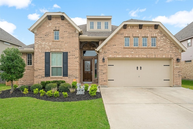 view of front facade featuring brick siding, driveway, roof with shingles, a front lawn, and a garage