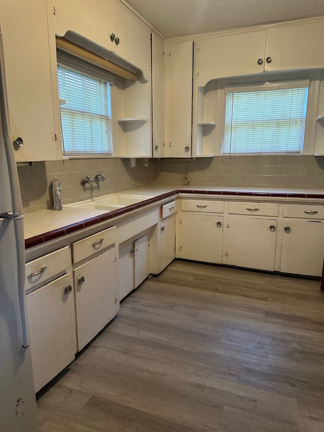 kitchen with backsplash, white cabinetry, open shelves, and a sink