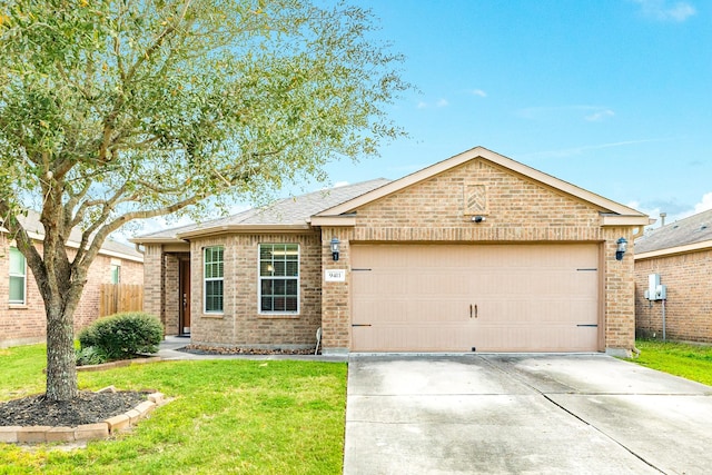 9411 Emerald Green Dr, Rosharon, TX 77583 - single story home with a front yard, fence, concrete driveway, a garage, and brick siding
