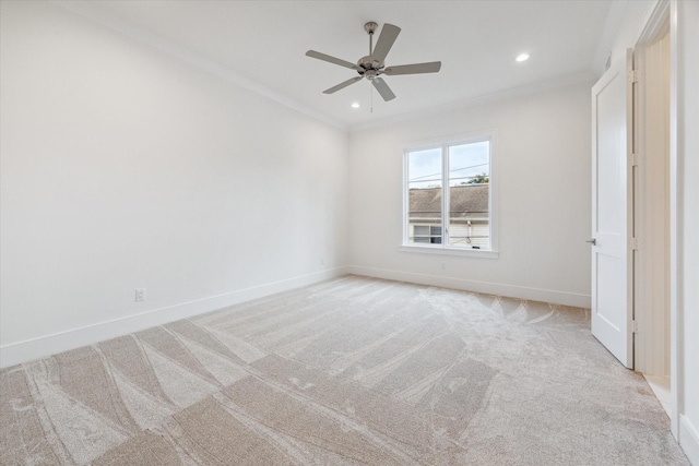 unfurnished bedroom featuring recessed lighting, ornamental molding, light carpet, baseboards, and ceiling fan