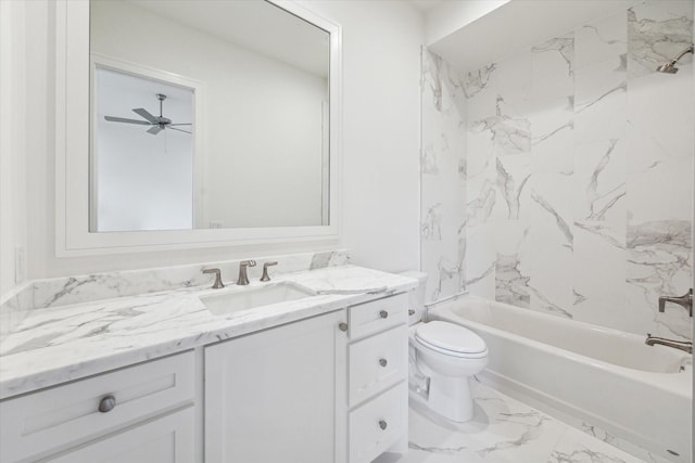 full bathroom with toilet, shower / bathing tub combination, marble finish floor, ceiling fan, and vanity