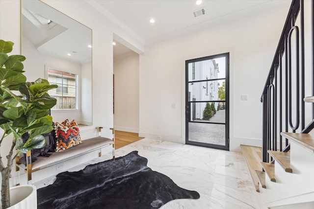 entryway featuring baseboards, visible vents, recessed lighting, marble finish floor, and stairway