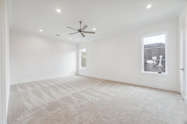 empty room with light carpet, visible vents, baseboards, recessed lighting, and a ceiling fan
