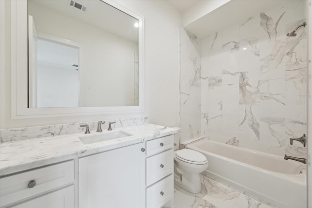 full bath with vanity, marble finish floor, toilet, shower / bathtub combination, and visible vents