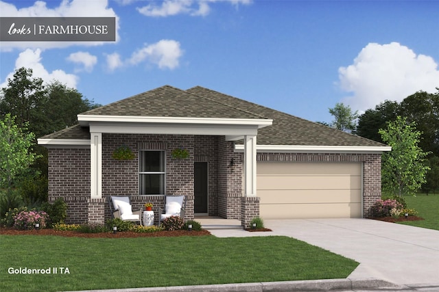 single story home with covered porch, concrete driveway, an attached garage, brick siding, and a front lawn