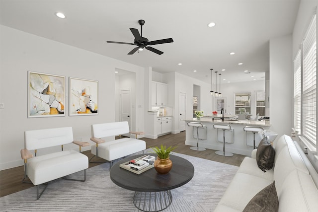 2243 Garden Arbor, Tomball, TX 77375 - living room featuring dark wood finished floors, recessed lighting, healthy amount of natural light, ceiling fan, and baseboards