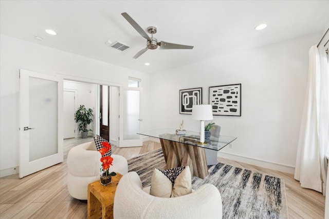 409 W Polk St, Houston, TX 77019 - office area with light wood-style floors, a ceiling fan, baseboards, and recessed lighting