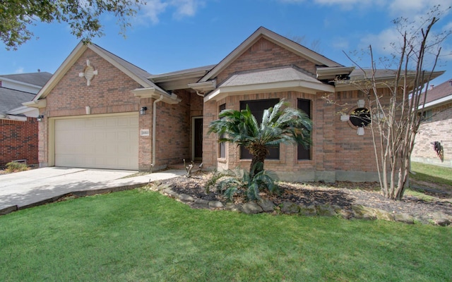 single story home with driveway, brick siding, a garage, and a front lawn