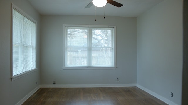 unfurnished room featuring baseboards, plenty of natural light, a ceiling fan, and dark wood-style flooring