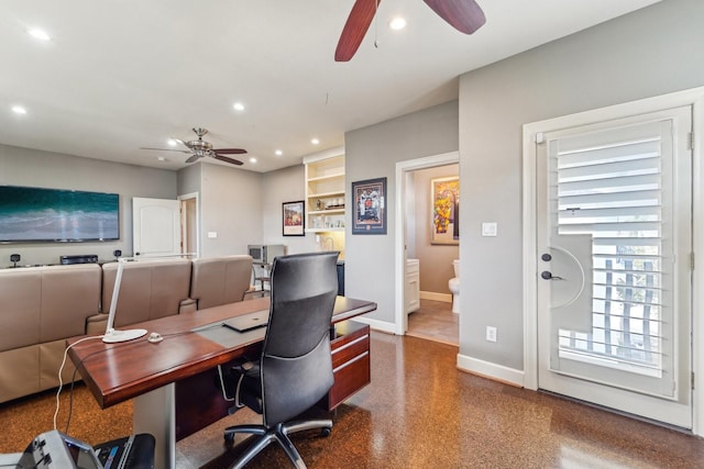 office featuring recessed lighting, baseboards, and a ceiling fan