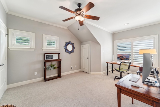 office space featuring a ceiling fan, crown molding, baseboards, and light carpet