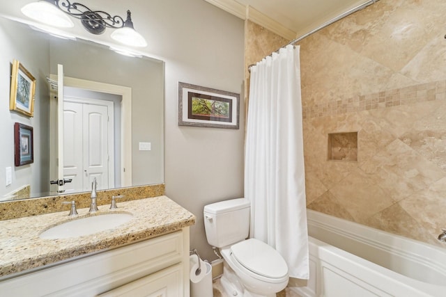bathroom featuring shower / tub combo with curtain, vanity, and toilet