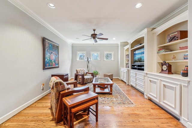living room with baseboards, light wood-type flooring, ornamental molding, recessed lighting, and ceiling fan