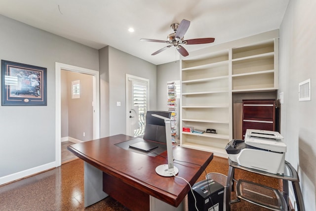 office space with built in features, ceiling fan, visible vents, recessed lighting, and baseboards