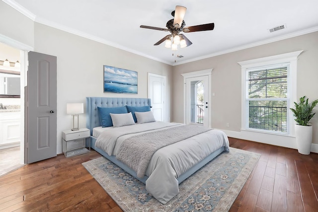 805 Columbia St, Houston, TX 77007 - bedroom with wood-type flooring, crown molding, ceiling fan, access to outside, and baseboards