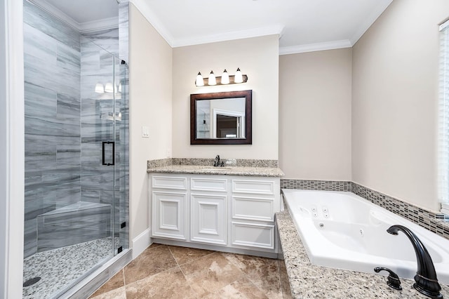 805 Columbia St, Houston, TX 77007 - bathroom with crown molding, a stall shower, a tub with jets, and vanity