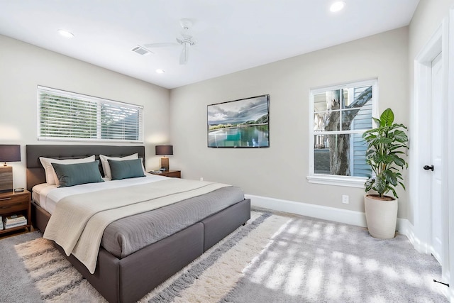 805 Columbia St, Houston, TX 77007 - bedroom with baseboards, recessed lighting, a ceiling fan, and carpet flooring