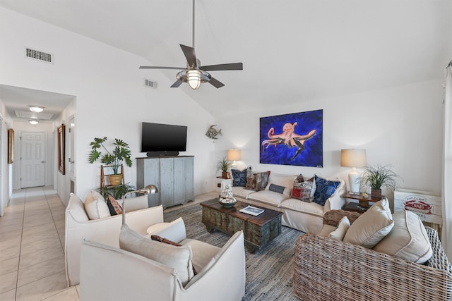 22102 Pecos Dr, Galveston, TX 77554 - living area featuring light tile patterned floors, visible vents, high vaulted ceiling, and a ceiling fan