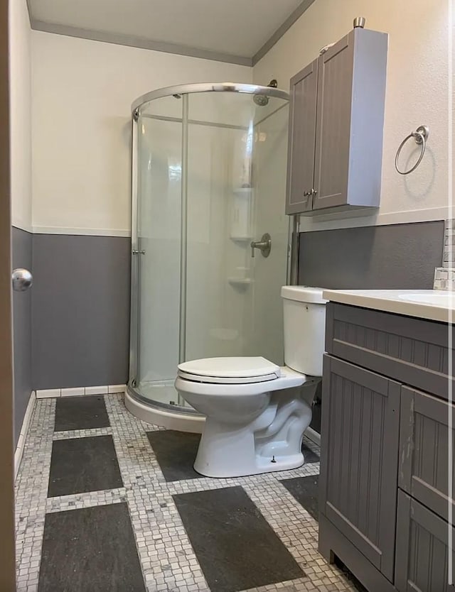 full bath featuring a stall shower, toilet, and vanity