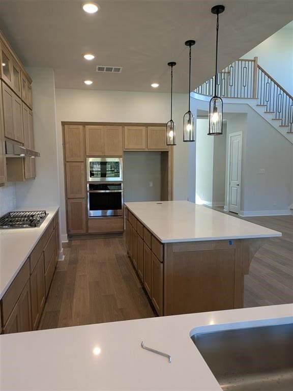 12039 Lake View Blvd, Mont Belvieu, TX 77523 - kitchen featuring appliances with stainless steel finishes, dark wood-type flooring, glass insert cabinets, decorative light fixtures, and recessed lighting