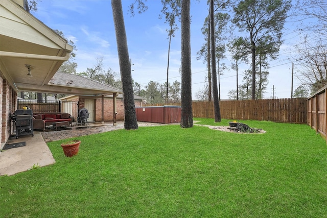 12635 Ivyforest Dr, Cypress, TX 77429 - view of yard with a fenced backyard, an outdoor fire pit, and a patio