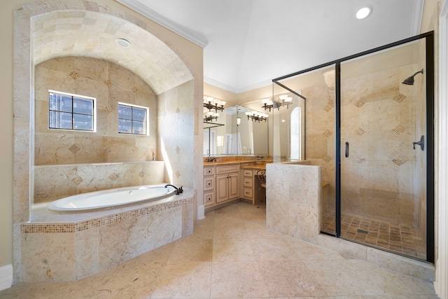 4628 Beech St, Bellaire, TX 77401 - full bathroom featuring vanity, a bath, a shower stall, and crown molding
