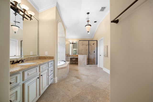 4628 Beech St, Bellaire, TX 77401 - bathroom with crown molding, a chandelier, a shower stall, vanity, and a bath