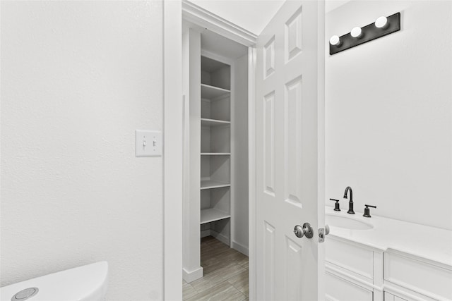 301 Pineland Dr, Trinity, TX 75862 - bathroom with a sink, a closet, toilet, and wood finished floors