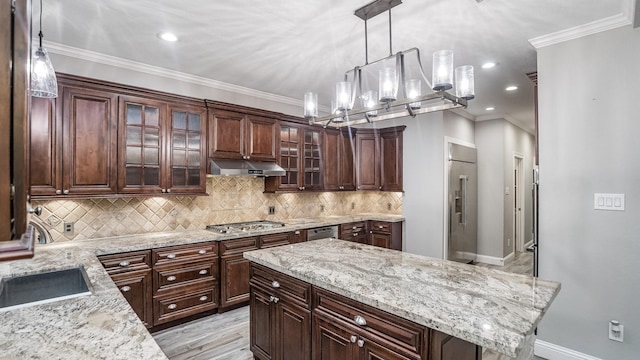 kitchen with ornamental molding, light stone countertops, appliances with stainless steel finishes, under cabinet range hood, and a sink