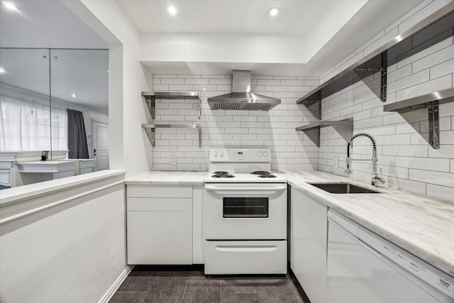 2503 Mccue Rd Unit 23, Houston, TX 77056 - kitchen featuring open shelves, white appliances, wall chimney exhaust hood, a sink, and decorative backsplash